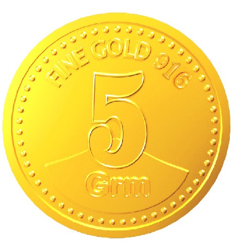 Five (5) gm 22KT 916 purity BIS certified gold coin / bullion in blister packaging